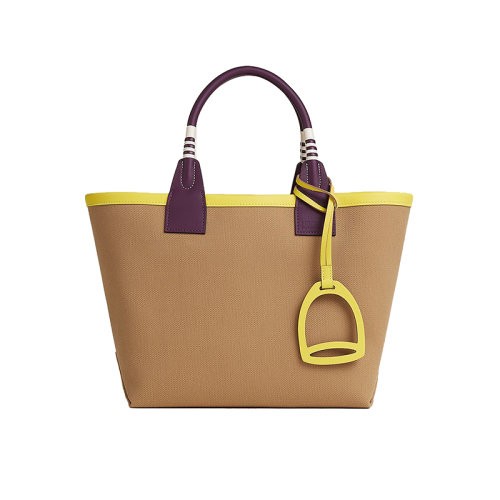 【新品包包】HERMES/爱马仕24新款 女士栗色帆布黄色皮马镫型手提包H083618CKAC