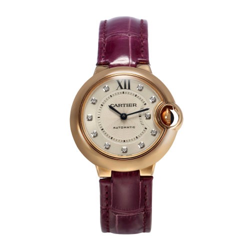 【新品手表】 CARTIER/卡地亚 蓝气球系列镶钻款18K金玫瑰金表壳紫色鳄鱼皮表带女士自动机械腕表 33毫米